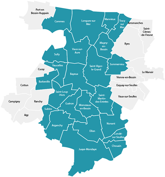 Vous habitez Arganchy, Barbeville, Bayeux, Chouain, Commes, Condé-sur-Seulles, le hameau de la Madeleine à Cussy, Ellon, Guéron, Juaye-Mondaye, Longues-sur-mer, Magny-en-Bessin, Manvieux, Monceaux-en-Bessin, Nonant, Saint-Loup-Hors, Saint-Martin-des-Entrées, Saint-Vigor-le-Grand, Sommervieu, Subles, Sully, Tracy-sur-mer, Vaucelles, Vaux-sur-Aure : l'eau potable est gérée par Bayeux Intercom.